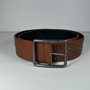 Womens Brown Faux Leather Studded Belt Silver Floral Accents Casual Western‎ 12P